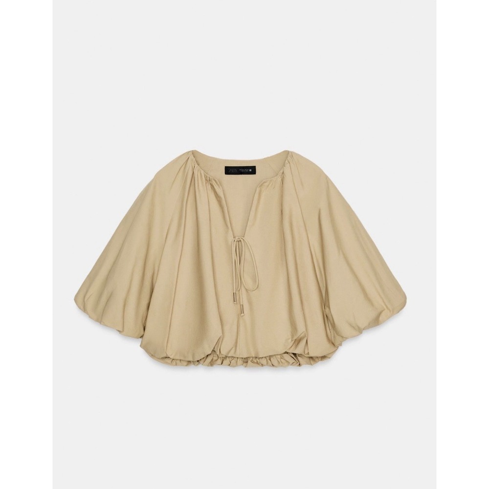 Zara Poplin Balloon Crop Top Beige Modern Romantic Peasant Runway Tik Tok